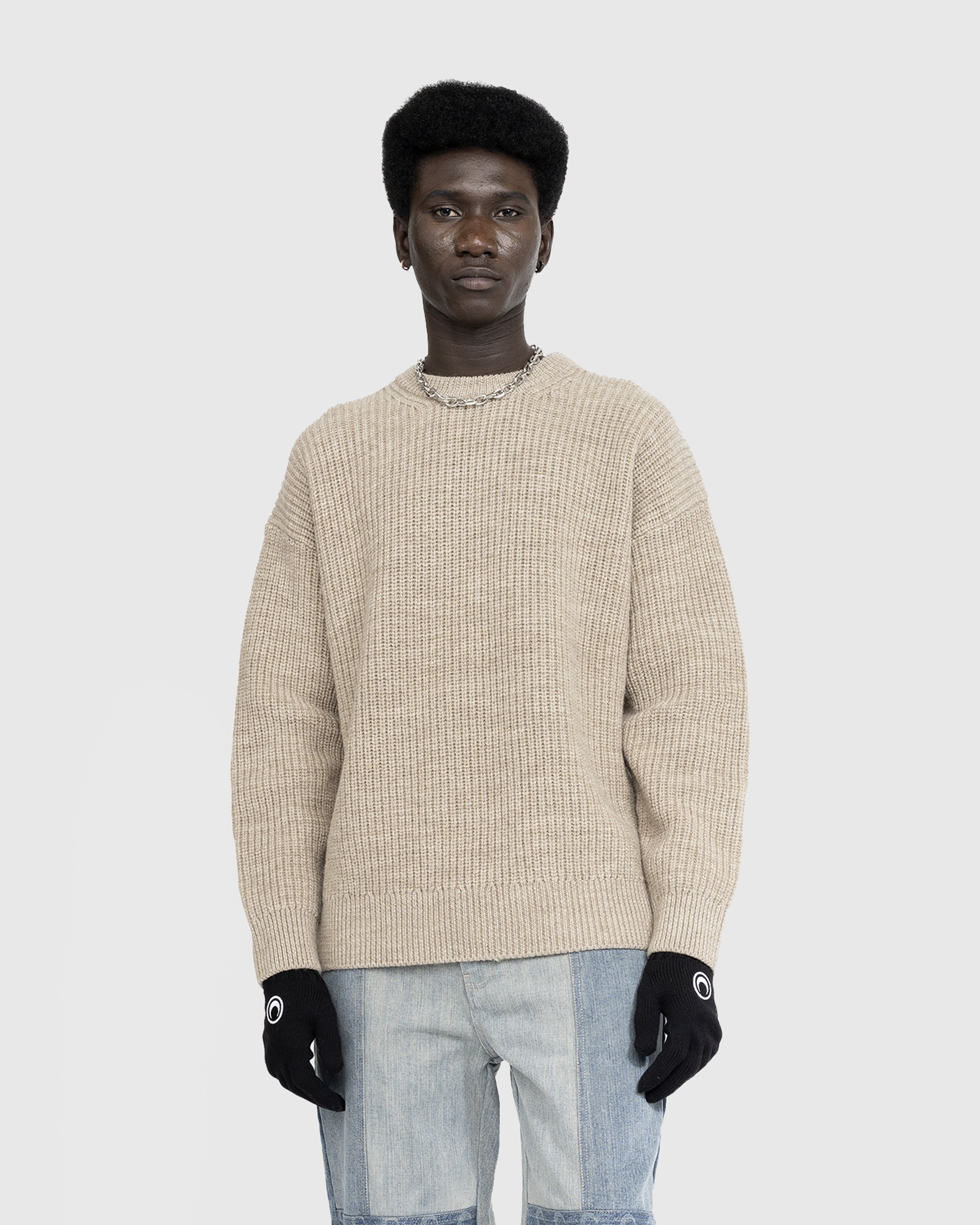 Marine Serre – Wool and Fluffy Knit Crewneck Pullover Beige